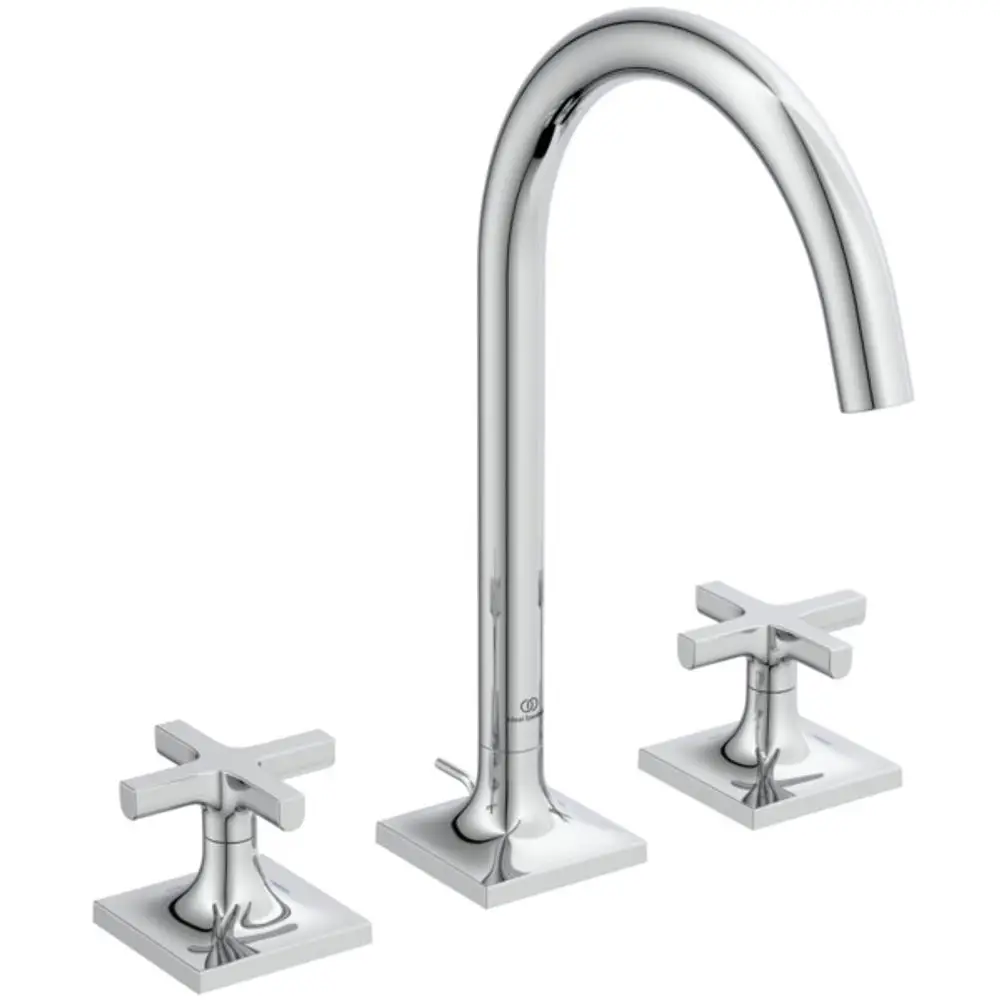 Waschtischarmatur in Chrom-Ausführung mit zwei Kreuzgriffen, hergestellt von Ideal Standard. Die Armatur hat einen hohen Auslauf und eine moderne Formgebung.